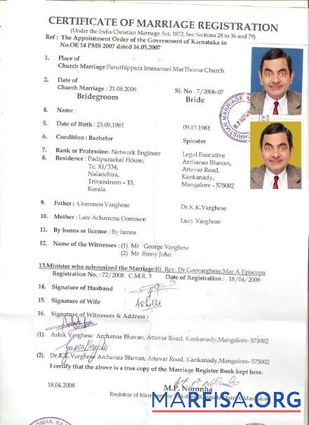 Blank India Registrar of marriage certificate sample
